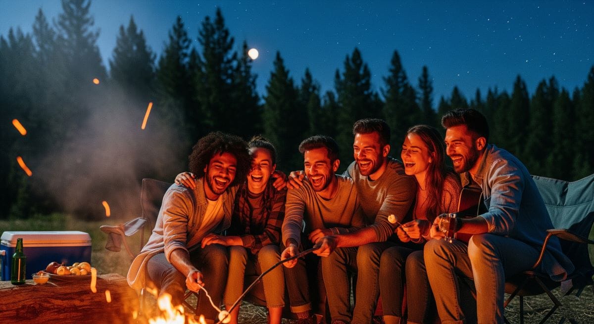 Group of close friends laughing around a campfire representing everlasting friendship.