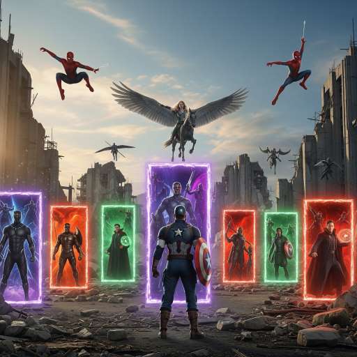 portals opening across the ruined Avengers compound battlefield