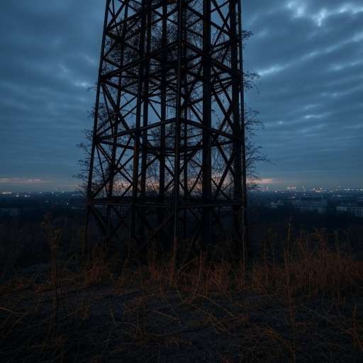 A haunting, abandoned steel frame of the Wardenclyffe Tower
