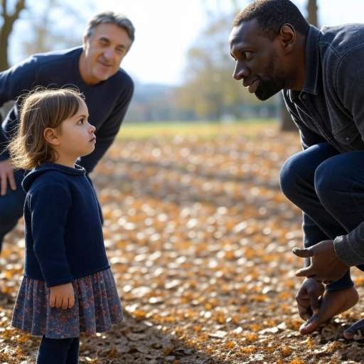 A little girl looks up at Driss and Philippe