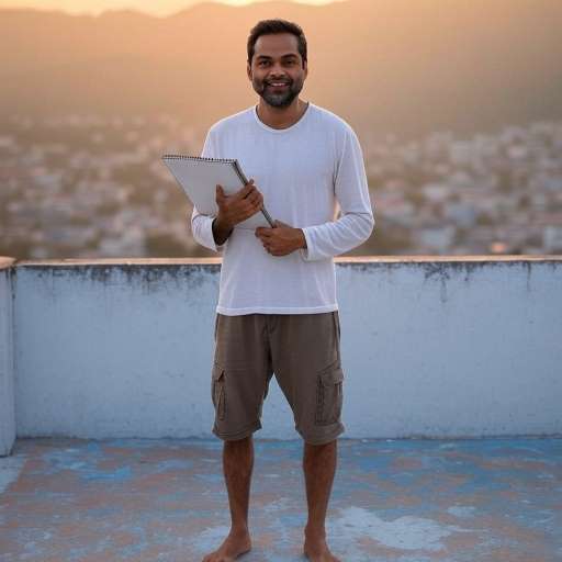 Abhay Deol stands barefoot on a rooftop