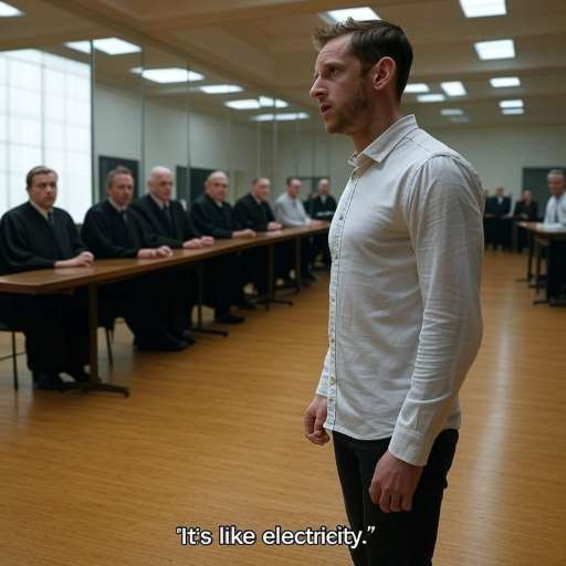 Billy stands alone in front of a panel of stern-looking judges