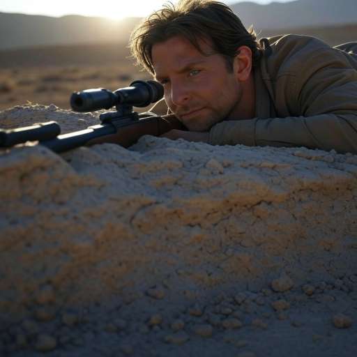 Bradley Cooper lies prone atop a rocky outcrop with his rifle