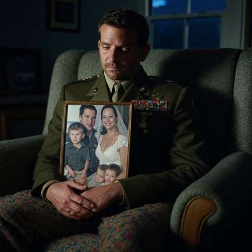 Bradley Cooper sits alone with framed photo of his wife and children