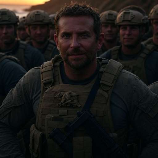 Bradley Cooper stands among fellow SEALs at sunset