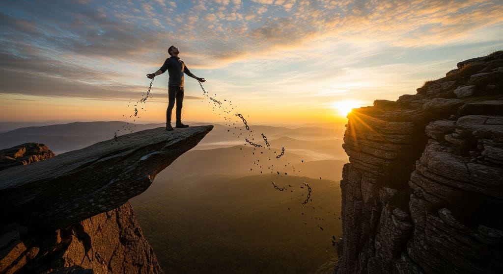 A man standing on the cliff of mountain with broken chain