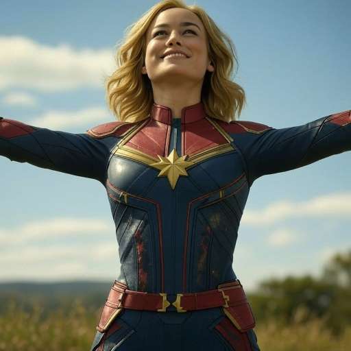 Captain Marvel Standing Beneath the Open Sky with arm open