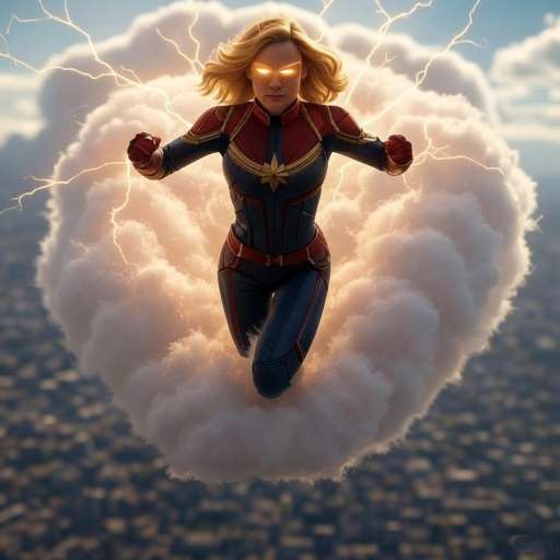 Captain Marvel bursts through the clouds