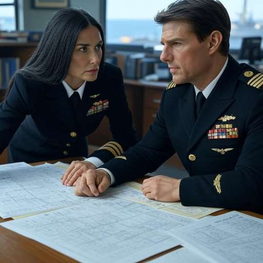 We must learn who is gold: Demi Moore & Tom Cruise sit across a cluttered desk in a small office.