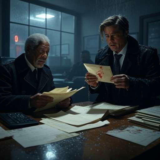 Motive is the silent engine behind every action: Detective Somerset sits at a cluttered desk, Mills bursts in, rain dripping from his coat, anger in his eyes