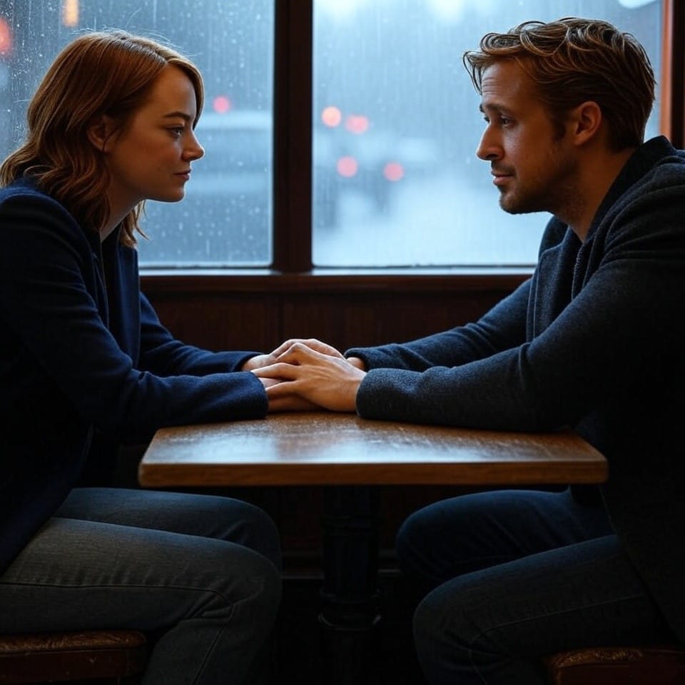 Emma Stone and Ryan Gosling sit opposite each other at a small wooden table