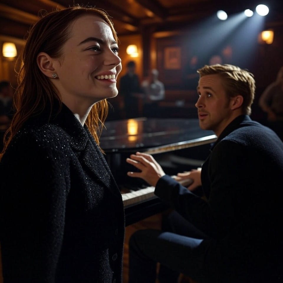 You and I were a beautiful song: Emma Stone smiling & Ryan Gosling, seated at the piano