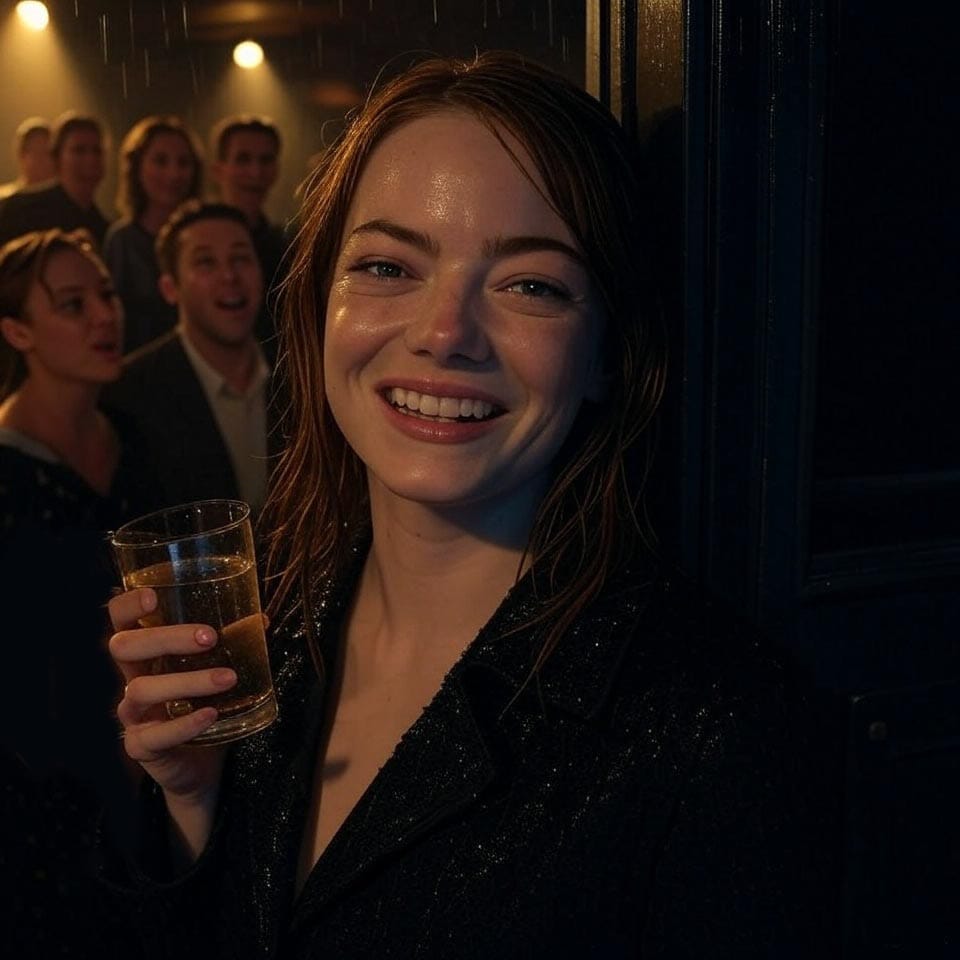 Emma Stone swirling her glass of wine