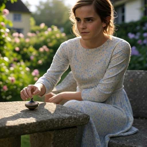 Emma Watson placing the top gently on a stone bench