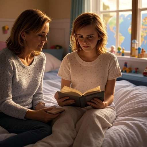 Emma Watson sits on the bed, her mother reading from a book