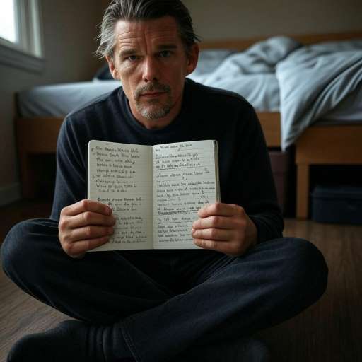 Ethan Hawke sits on his dorm room floor with book in his hand
