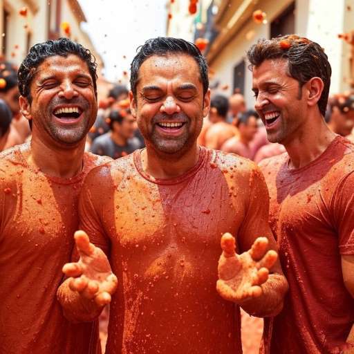 Farhan Akhtar, Abhay Deol & Hrithik Roshan in La Tomatina Festival