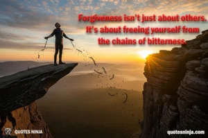 A person standing on the edge of a mountain cliff at sunrise, with broken chains falling from their wrists