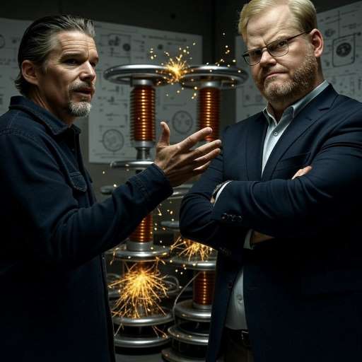 Henry Cabot, stands with Tesla, gestures toward the humming coils