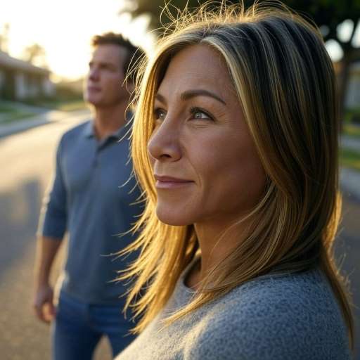 A woman with long blonde hair, looking thoughtful and serene, stands in the foreground, illuminated by golden hour sunlight. A man stands slightly out of focus behind her.