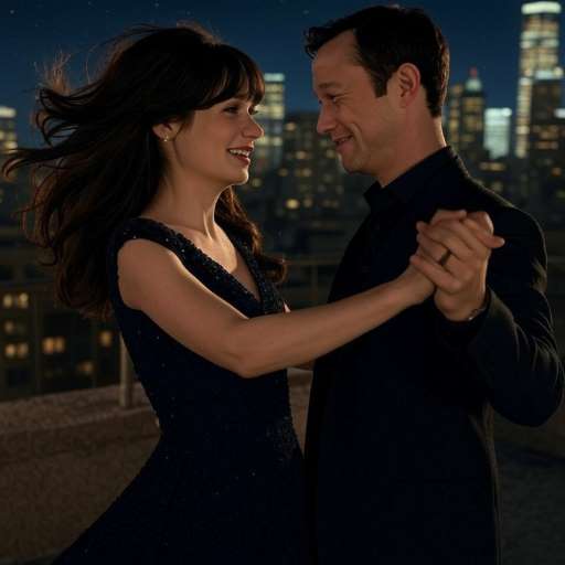 Joseph Gordon-Levitt and Zooey Deschanel dance together under a dark sky sprinkled with stars