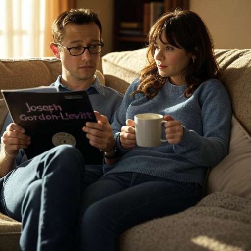 Joseph Gordon-Levitt and Zooey Deschanel sit close on a cozy couch