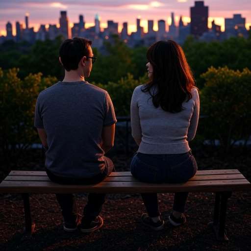Joseph Gordon-Levitt and Zooey Deschanel sit side by side on a bench overlooking a scenic park at sunset
