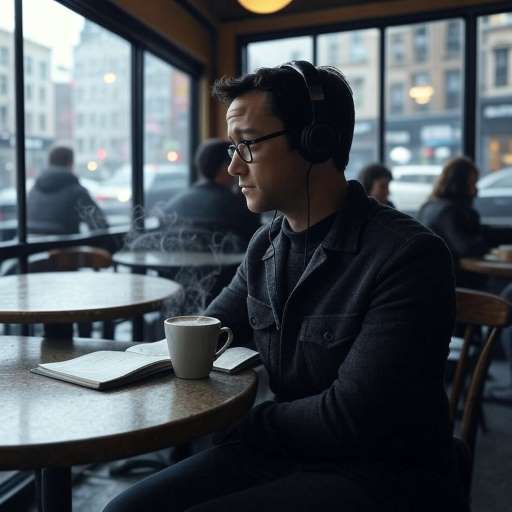 Introverts bring the calm: Joseph Gordon-Levitt sits alone at a corner table, wearing headphones and gazing out the window