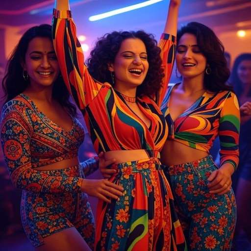 Kangana Ranaut and Vijayalakshmi dance together under colorful neon lights