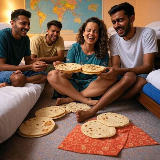 Kangana Ranaut laughing as she serves homemade parathas to her three male roommates