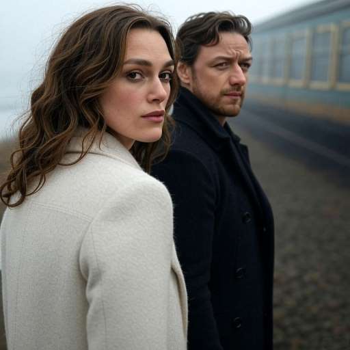 Keira Knightley & James McAvoy separated by distance on railway station