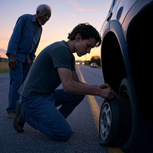 When you care: Liam, a teenage boy, helps an elderly man change a flat tire