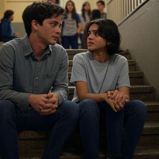 Logan Lerman and Sasha Calle sitting on the stair steps
