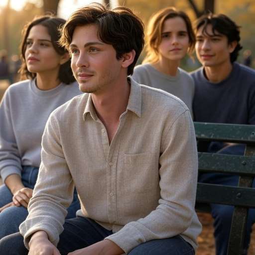Logan Lerman sitting quietly alone in a park, remembering the past