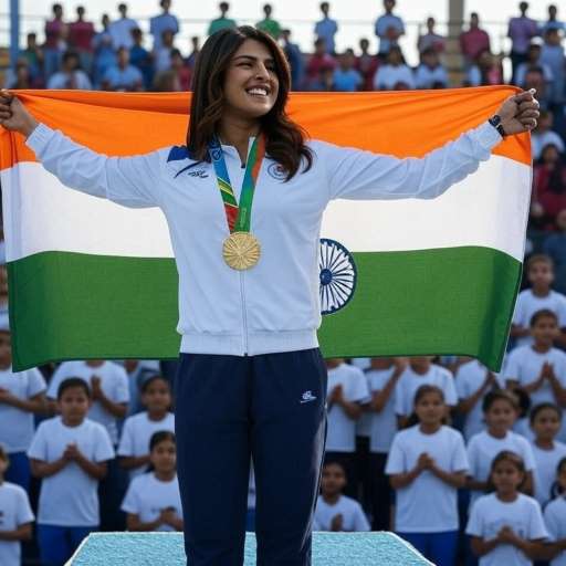 Mary standing on the podium, holding the Indian flag