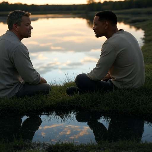 Matt Damon and Will Smith Sitting by a Still Pond Reflecting the Sky