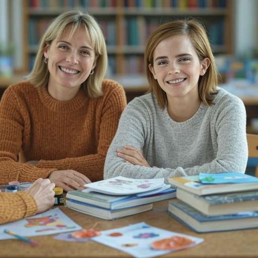 Mom and daughter sit together at a school library table