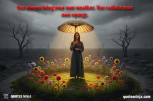 A young woman with long brown hair stands under a glowing umbrella in a circle of colorful flowers. The background is a dark, stormy landscape with bare trees and a cloudy sky.