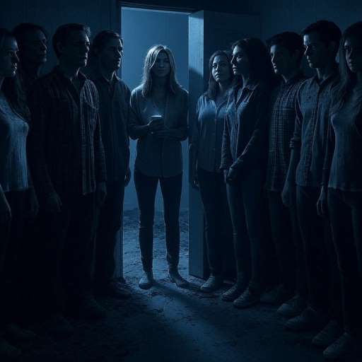 A group of people stand in a circle in a dark, blue-toned room, looking intently at a woman in the center who is holding a phone and standing in a doorway.