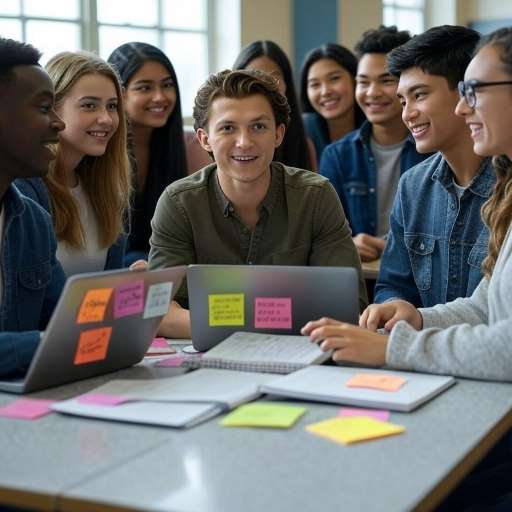 Peter and fellow students gathered around a table in a school classroom