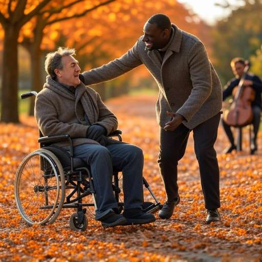 Philippe in his wheelchair, as Driss gently pushes him
