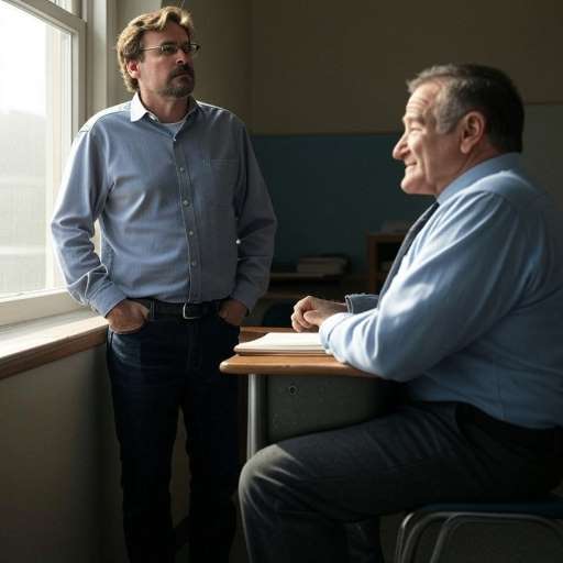 The world defines success by outcomes: Robert Sean Leonard stands near the window, & Robin Williams sits at a desk