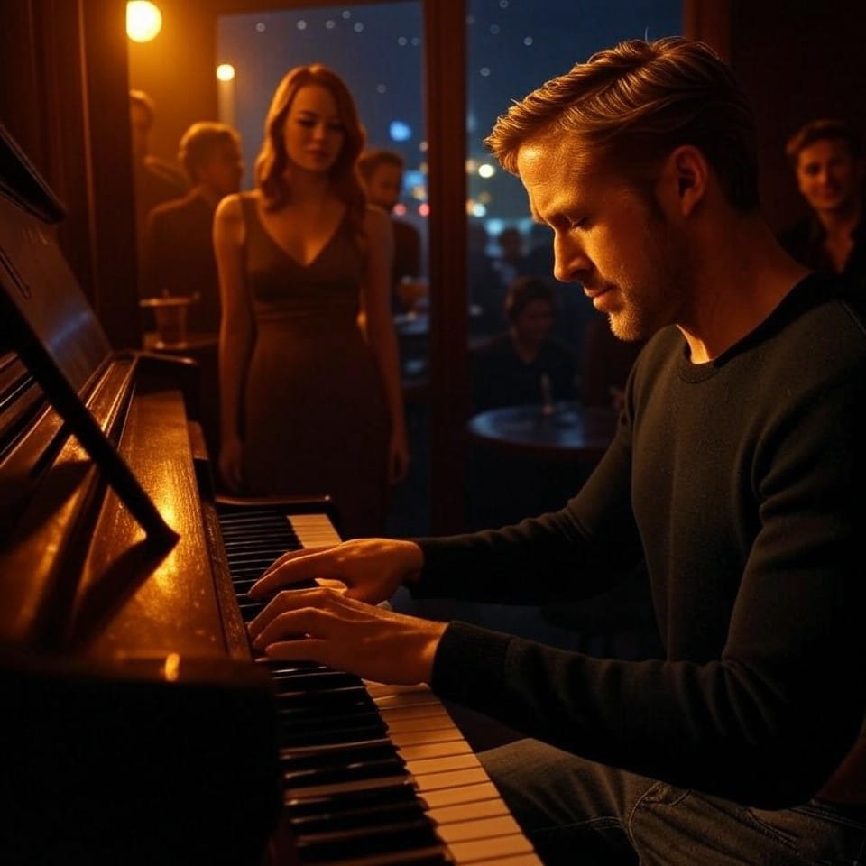 You and I were a beautiful song: Ryan Gosling, plays the piano & Emma Stone watching