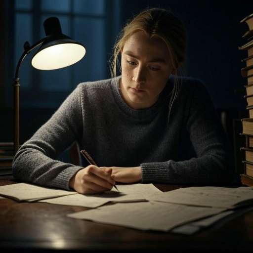 Saoirse Ronan Writing Alone in a Dimly Lit Room