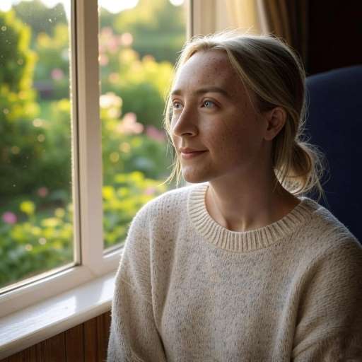 Saoirse Ronan sits by a large window overlooking a garden