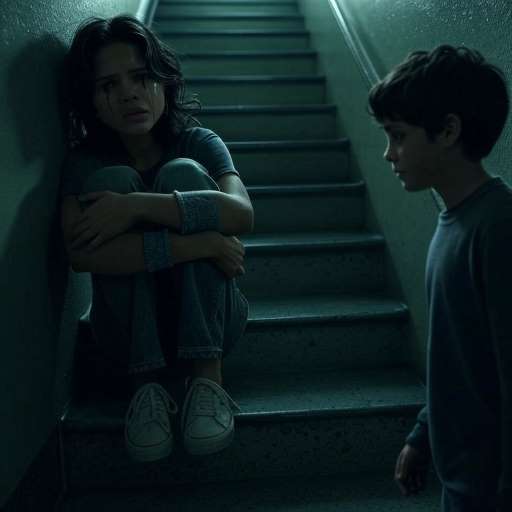 Sasha Calle sitting on the steps, Logan Lerman cautiously approaches her