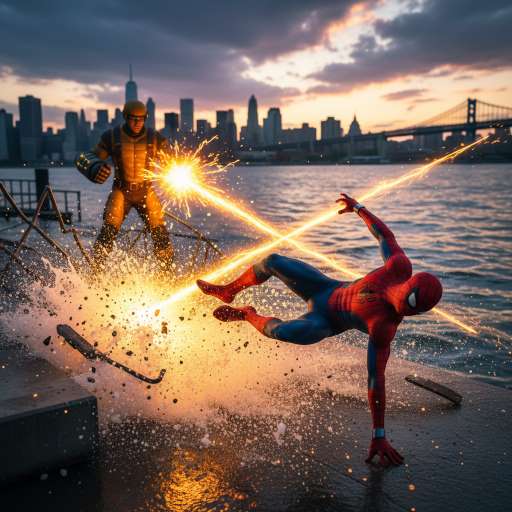 Spiderman dodging Shocker’s energy blasts on the Queens waterfront