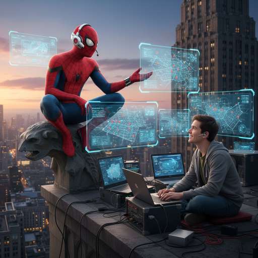 Spiderman on a rooftop, headset on, speaking to Ned while monitoring the city below
