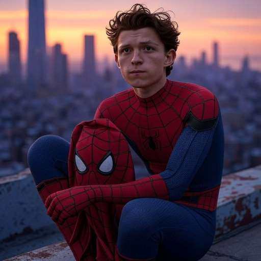 Spiderman sitting on a rooftop edge