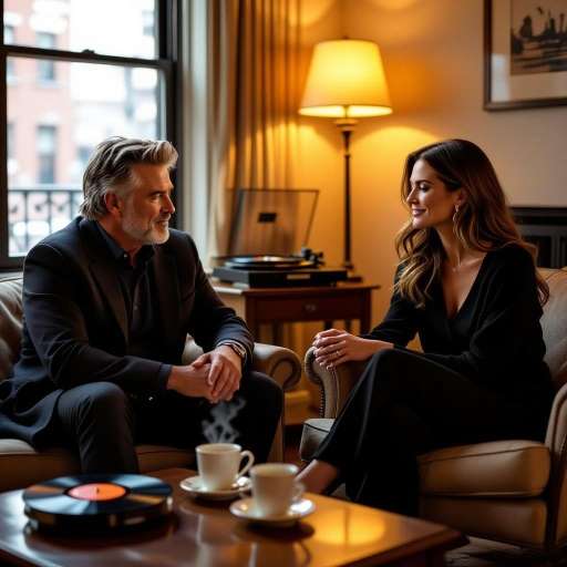 Suzanne and bill sits on couch with two mugs of tea steaming on a table.